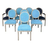 Set of 8 Swedish Louis XVI Style Blue Velvet Upholstered Dining Chairs For Sale