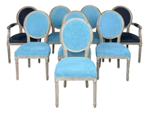 Set of 8 Swedish Louis XVI Style Blue Velvet Upholstered Dining Chairs