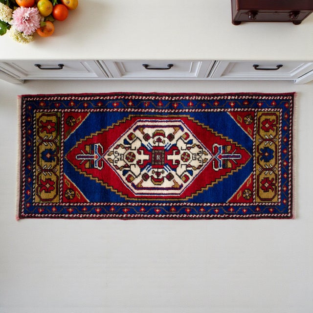 Vintage Turkish Hand-Knotted Small Rug from Tashpinar, 1970, featuring warm brick-red tones and authentic village...