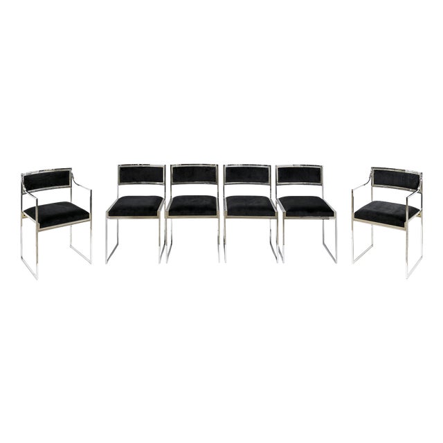Mid-Century Modern Italian Chrome and Velvet Chairs, 1970s, Set of 6 For Sale