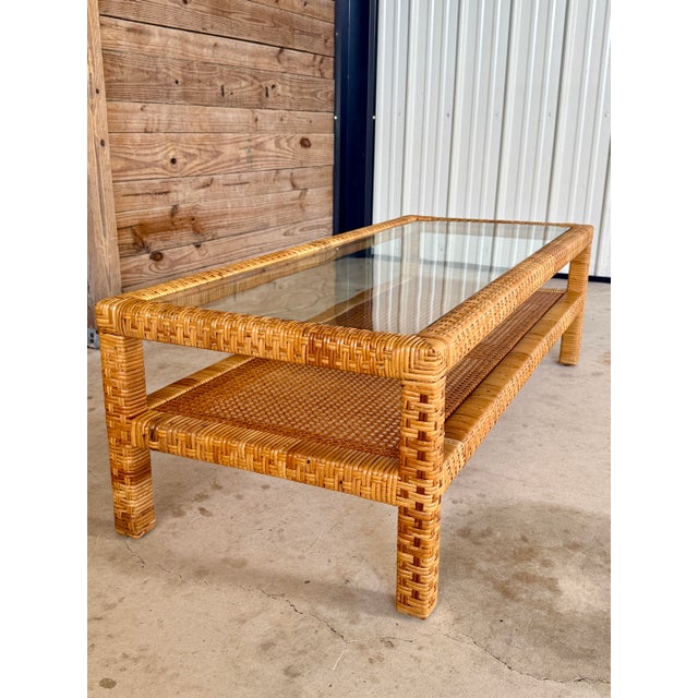 Vintage Coastal Organic Modern Rattan Wrapped Cane Coffee Table With Glass Top For Sale - Image 10 of 12