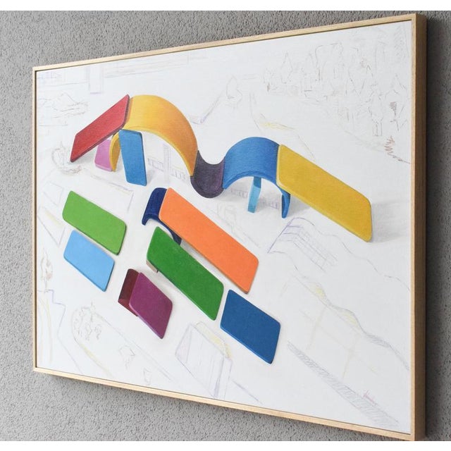 Architectural abstract painting inspired by Cidade da Cultura with colorful modular structures exploring play, imagination...