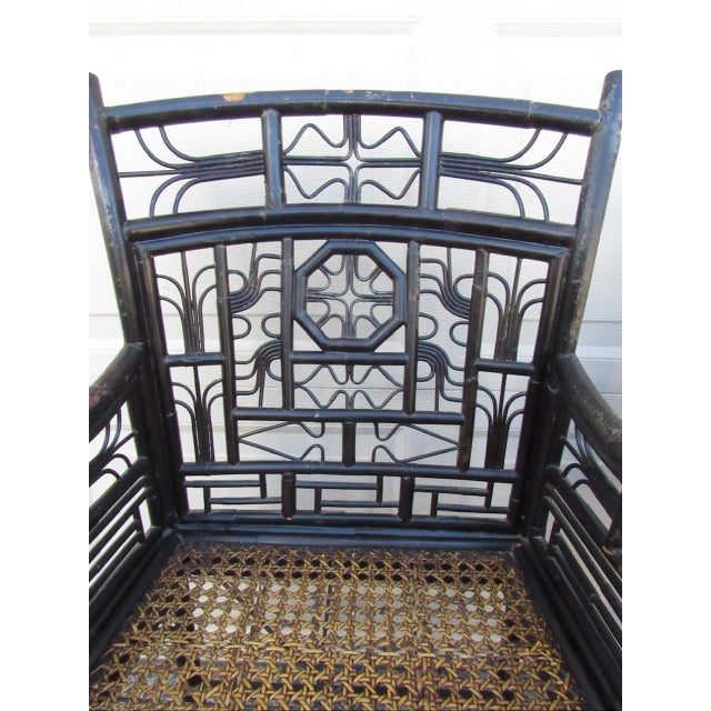 Hollywood Regency Pair of Ebonized Bamboo Armchairs in the Brighton Pavillion Style For Sale - Image 3 of 18