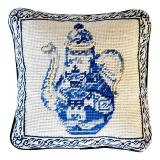 Vintage Needlepoint Pillow of Blue & White Chinese Export Porcelain Teapot For Sale