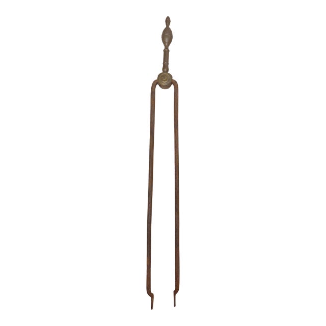 Antique 18th Century Wrought Iron Turned Brass English Fireplace Tongs Tool 5 For Sale