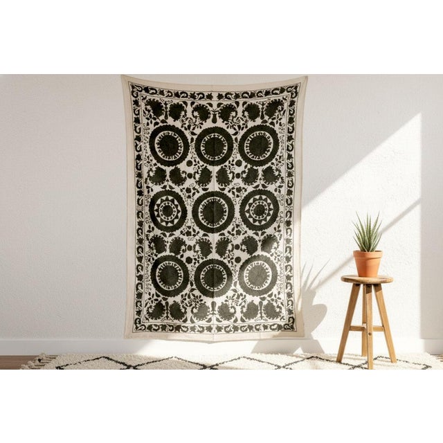 Stone Gray Stone Medallion Hand-Embroidered Suzani Throw For Sale - Image 8 of 8