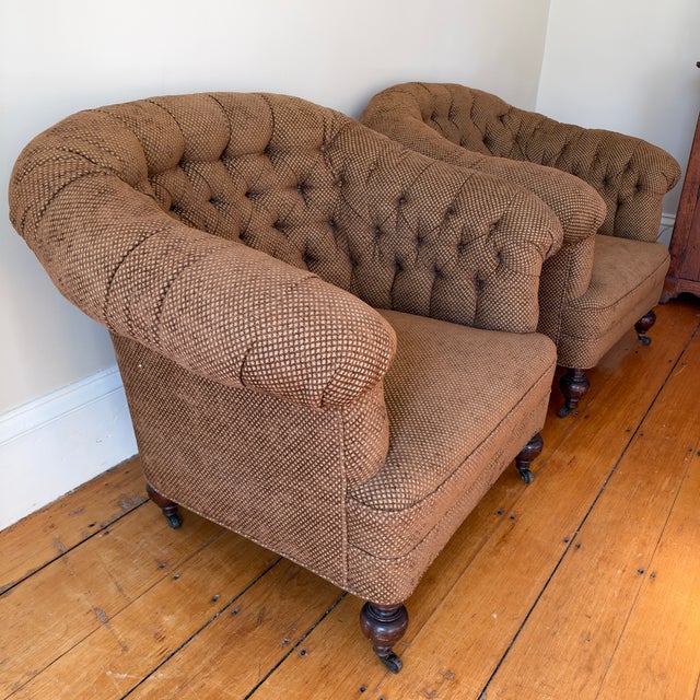 Chocolate Pair of Chesterfield Tufted Deep Club Chairs With Turned Wooden Legs and Brass Casters For Sale - Image 8 of 16