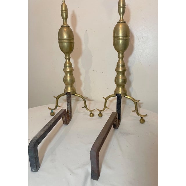 Large Pair of Antique 1700's Peened Brass Iron Federal Double Lemon Andirons For Sale - Image 9 of 14