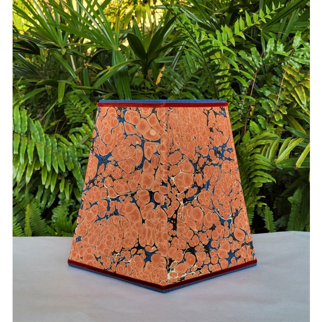 Large Marbled Paper Lampshade Burnt Orange Blue Cream Black Rust Hexagon For Sale - Image 6 of 11