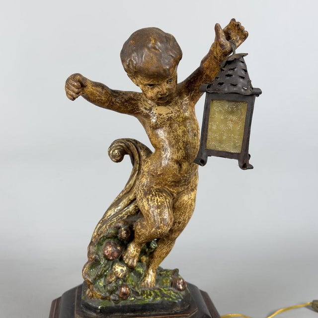 Wood Antique Terracotta Cherub Table Lamp with Wooden Base, Early 1900s For Sale - Image 7 of 18
