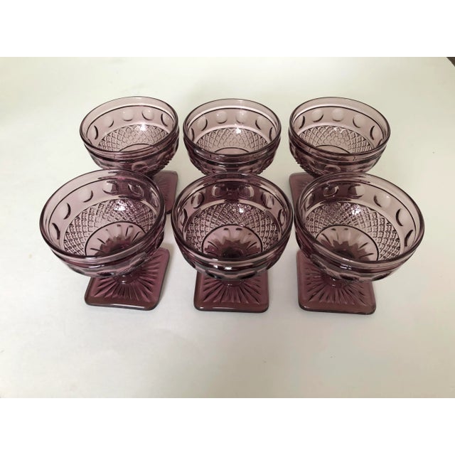 Vintage set of six purple sherbet glasses, no makers mark in excellent condition. 3.25"D X 3.5"H