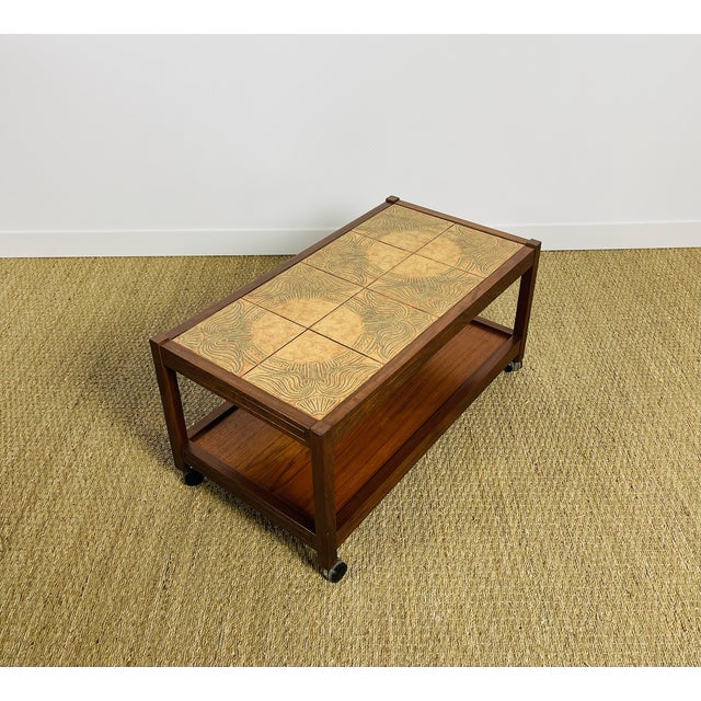Vintage Teak and Ceramic Coffee Table on Casters, 1960s For Sale - Image 10 of 10