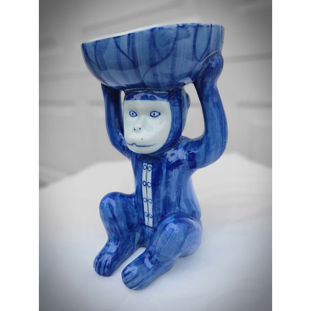 Late 20th Century Vintage Chinoiserie Blue White Ceramic Monkey Dish - 8.25" Height For Sale - Image 5 of 12