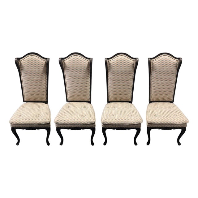 Set of 4 Vintage French Louis XV Style Dining Chairs Carved Wood Upholstered For Sale