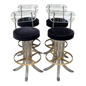 1970s Set of Four Hill Manufacturing Lucite and Brass Barstools