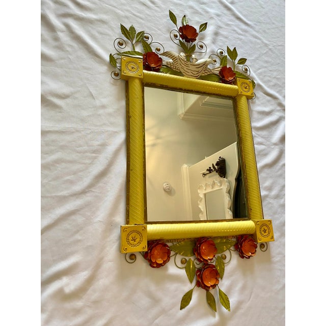 Rustic European Vintage Tole Painted Metal Floral and Birds Mirror 1960’s For Sale - Image 3 of 12