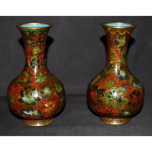 Vtg. Pair of Chinese Cloisonné Small Vases For Sale - Image 14 of 14