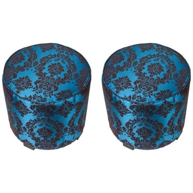 Vintage Moroccan Blue and Brown Cut Velvet Round Pouf Ottoman, Art Deco For Sale In Palm Springs - Image 6 of 10