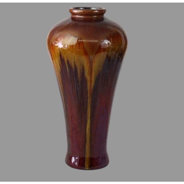 Antique American Art Pottery Large 19” Vase Flambe Drip Luster Glaze Arts Crafts For Sale - Image 10 of 12