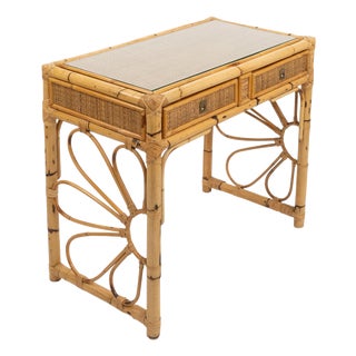 Mid-Century Bamboo, Rattan and Glass Desk Writing Table in the style of Dal Vera, Italy 1970s For Sale