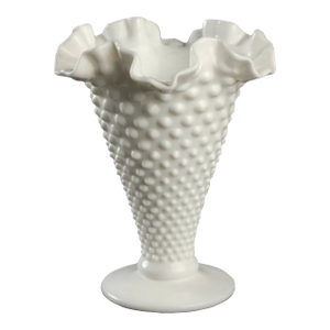 Vintage Hobnail Milk Glass 8" Footed Double Crimped Vase