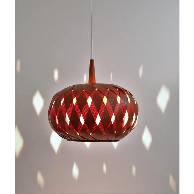 Organic Modernist Natural Teak Wood Veneer and Wicker Pendant Lamp, 1960s For Sale - Image 4 of 18