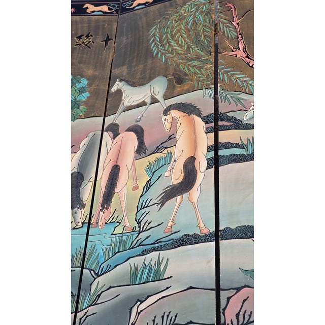 Wood Signed Ten Horses Vintage Chinese Four Panel Screen Gold & Turquoise Shi Jun Tu For Sale - Image 7 of 15