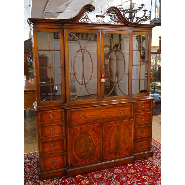 Traditional Mid 20th Century Grosfeld House Flame Mahogany Inlaid China Cabinet Bookcase Breakfront For Sale - Image 3 of 18
