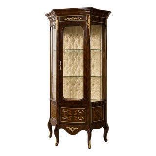 Grand French Louis XV Style Vitrine Cabinet – Ornate Wood Display Case With Gold Leaf, Glass & Velvet Interior For Sale