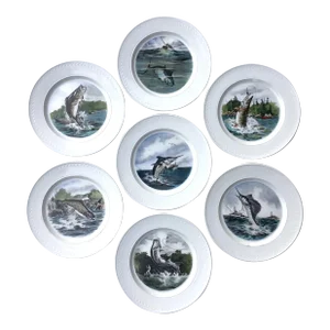 Vintage Hand Colored Fishing Motif Plates, S/7