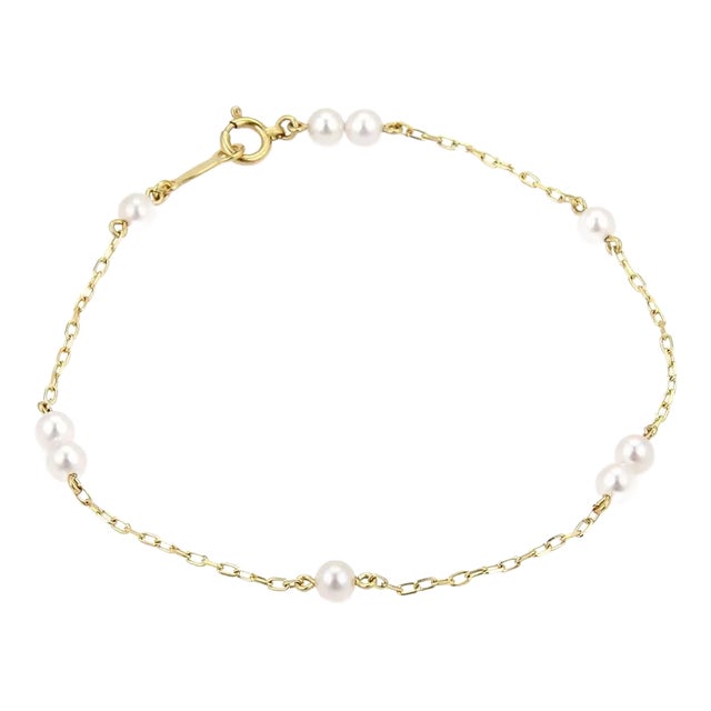 Mikimoto Akoya 3.5mm Pearls Chain Link 14k Yellow Gold Bracelet For Sale