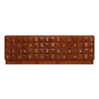Square Pattern Oak and Brass Sideboard with Travertine Top, Italy, 2000 For Sale