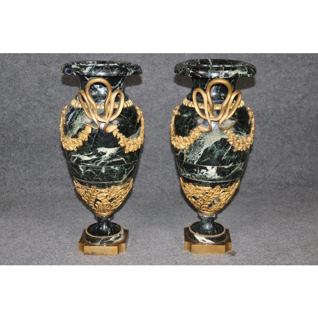 1940s Dore' Bronze Mounted French Empire Verdi Marble Cassolettes With Serpents For Sale - Image 5 of 11