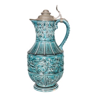 19th Century French Majolica Glazed Turquoise Lidded Pitcher Wine Ewer For Sale