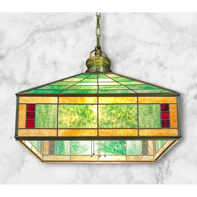 1930s Arts & Crafts Pendant Light With Green Glass For Sale - Image 9 of 14