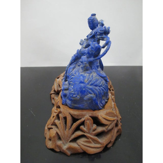 Wood Chinese Carved Lapis Lazuli 2 Figures & a Beast Figurine on Wood Stand For Sale - Image 7 of 10