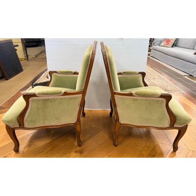 Wood Pair of Green Velvet Upholstered French Bergeres Armchairs For Sale - Image 7 of 7