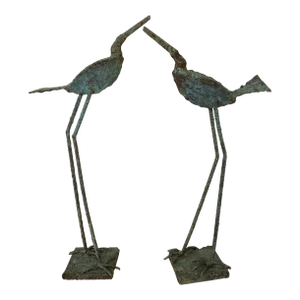 Early 21st Century Bronze Artist Made Brutalist Style Bird Sculpture- a Pair