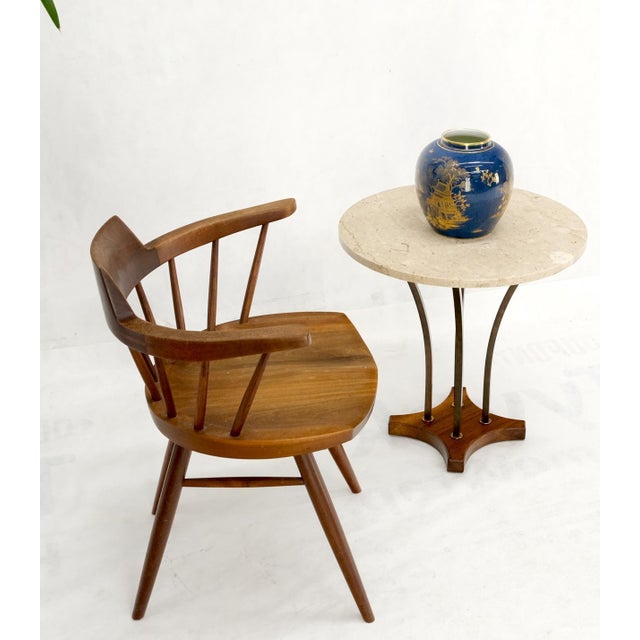 Metal Mid 20th Century Round Marble Top Brass & Walnut Occasional End Side Table Lamp Stand For Sale - Image 7 of 12