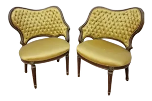 Hollywood Regency Grosfeld House Asymmetrical Tufted Boudoir Chairs - Pair