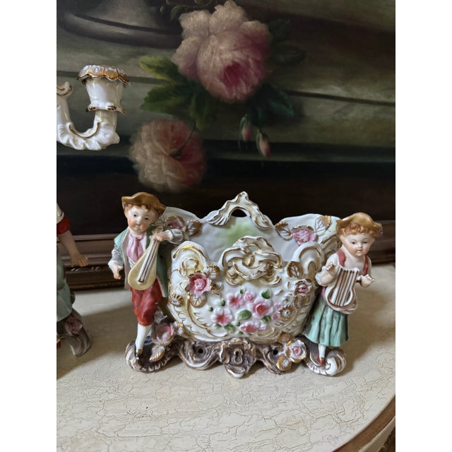 Vintage Rococo Revival Porcelain Musician Jardinière & Candelabrum — Set of 2 For Sale - Image 9 of 10