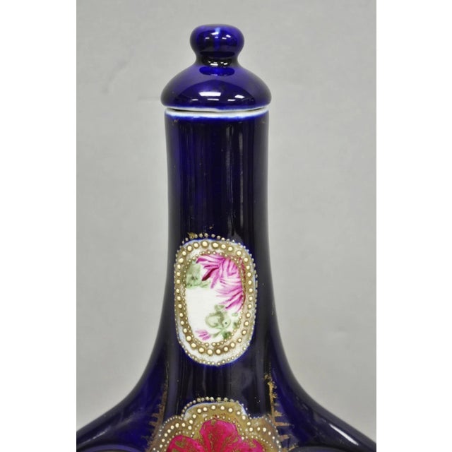 Art Nouveau Antique Royal Nippon Hand Painted Nishiki Cobalt Blue Floral Vase With Stopper For Sale - Image 3 of 17