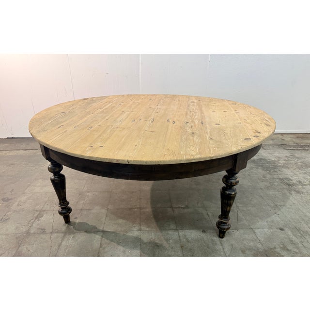 Large Rustic Round Pine Dining Table With Ebonized Turned Legs For Sale - Image 4 of 7