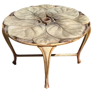 Vintage Italian Carved Wood Round Table with Large Leaf Table Top, 1970s