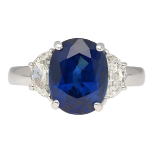4.22 Carat Vivid Blue Oval Cut Sapphire & Diamond 3 Stone Ring Size 6