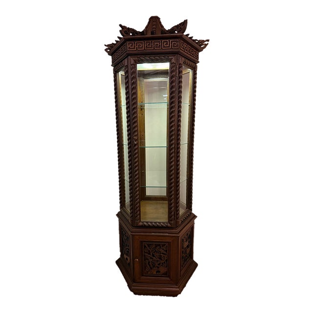 Mid-20th Century Chinoiserie Carved Wood Pagoda Vitrine & Display Cabinet For Sale