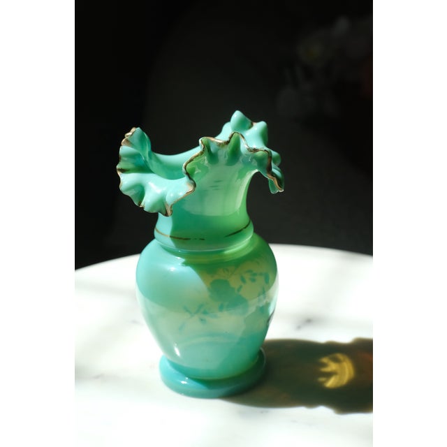 1950s Fenton Art Glass Ruffle Rim Bud Vase Hand Painted Florals For Sale - Image 5 of 6