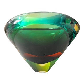 Mid 20th Century Murano Sommerso Art Glass Bowl in Green, Teal and Amber For Sale