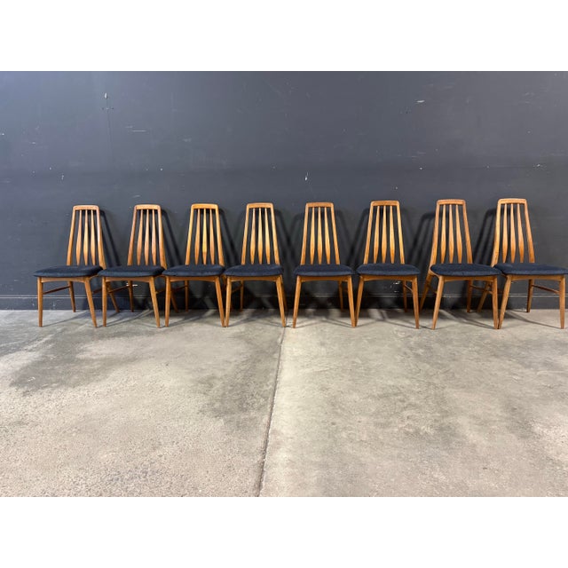 Set of 8 teak “Eva” dining chairs, designed by Niels Koefoed for Hornslet Møbelfabrik. Newer upholstery. Dimensions: H 38”...