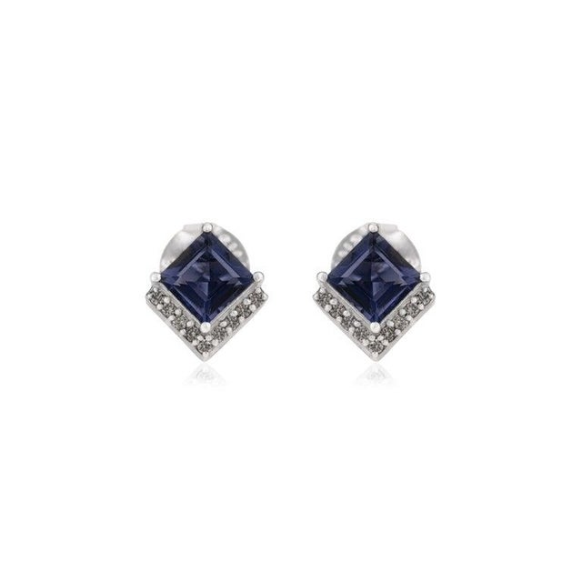 Not Yet Made - Made To Order 925 Silver Square Cut Iolite Gemstone Stud Earrings With Diamond- A Pair For Sale - Image 5 of 11